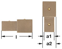 Two images showing the side and top views of a bronze ratchet adaptor with two connected parts. The right image shows two squares, each with a compression ball use for insertion into the ratchet wrench.  Both images include arrows indicating measurements 